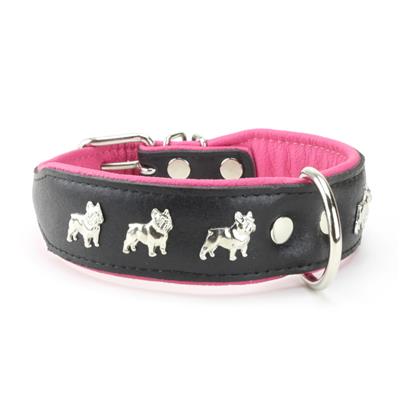 Collier BOULEDOGUE FRANCAIS en cuir noir et rose