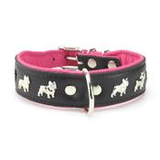 Collier BOULEDOGUE FRANCAIS en cuir noir et rose