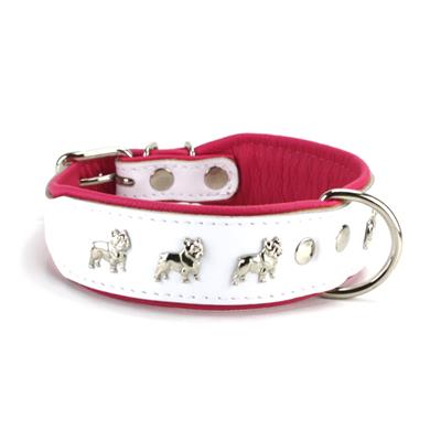 Collier BOULEDOGUE FRANCAIS en cuir blanc et rose